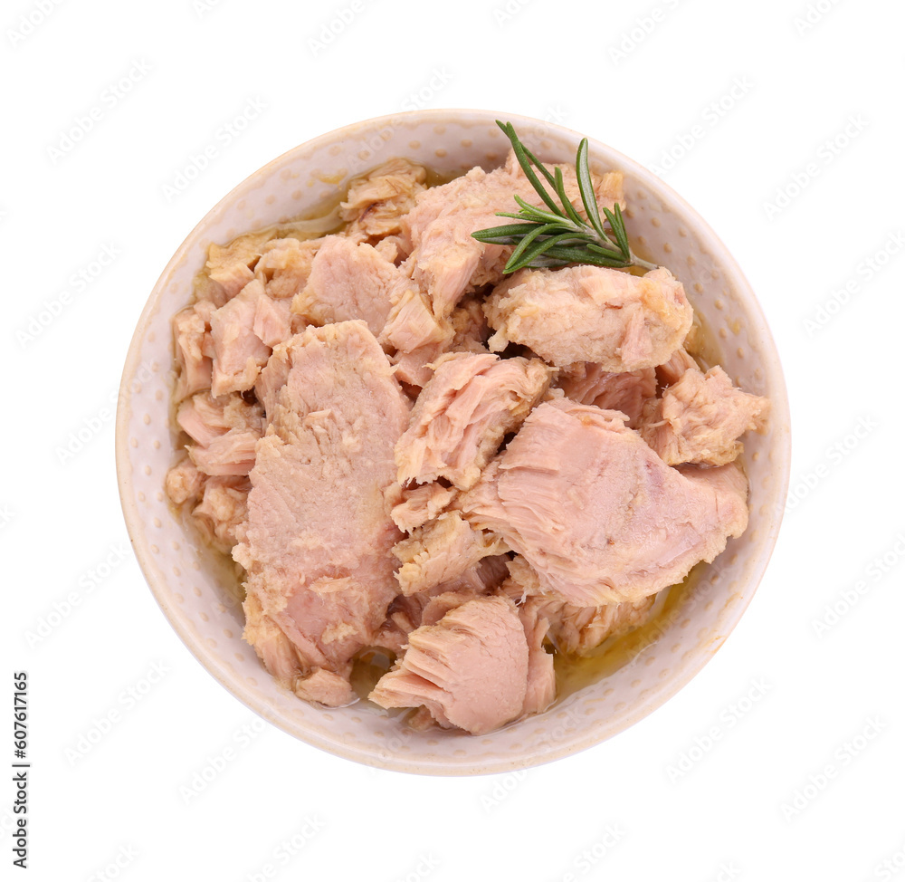 Bowl with canned tuna and rosemary isolated on white, top view