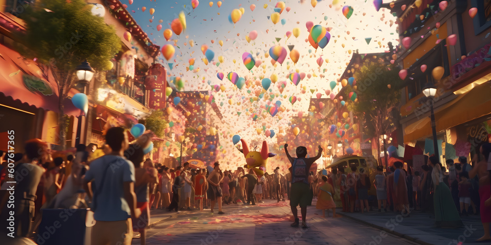 Colorful Revelry: A Vibrant 8K Image of a Festive Street Scene