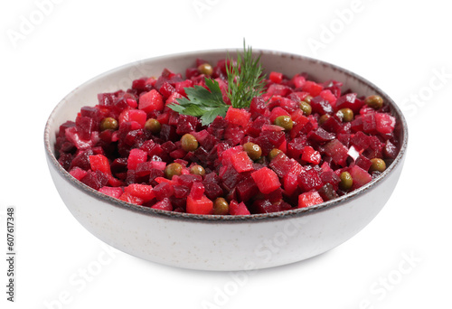 Bowl of delicious fresh vinaigrette salad isolated on white