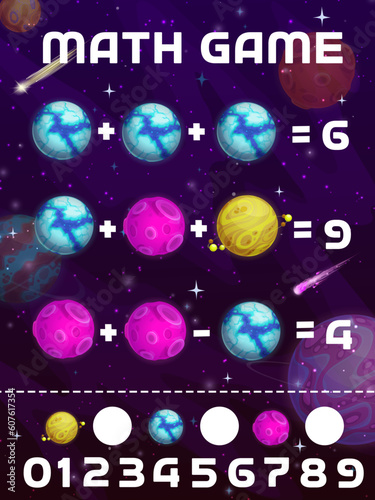 Fototapeta Naklejka Na Ścianę i Meble -  Math game worksheet, cartoon space planets and stars, vector mathematics quiz puzzle. Kids calculation skills training worksheet or math game for numbers addition and subtraction in equations