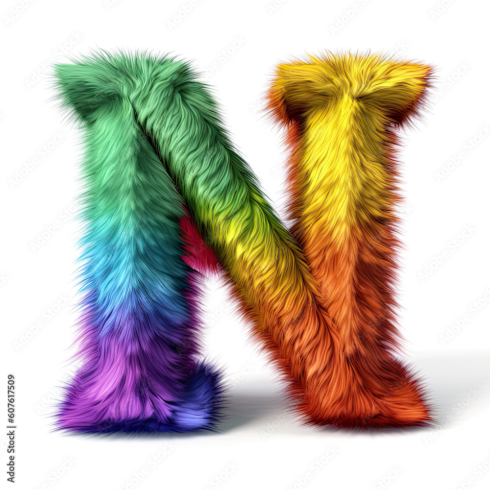 Furry letter in rainbow pride colors made of fur and feathers. Capital N