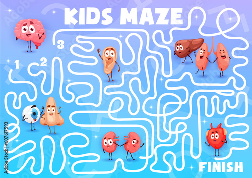 Labyrinth maze with cartoon human organ characters. Kids vector worksheet boardgame with ear, liver, heart and nose. Eyeball, brain, kidneys or lungs with brain, tangled path, start and finish, quiz