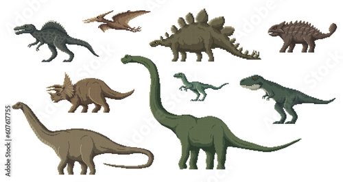 Fototapeta Naklejka Na Ścianę i Meble -  Pixel dinosaur characters. 8 bit game asset, pixel art dino animals. Brontosaurus, Tyrannosaurus, Velociraptor and Pteranodon, Diplodocus, Stegosaurus extinct reptile, vector pixelated dinosaurs