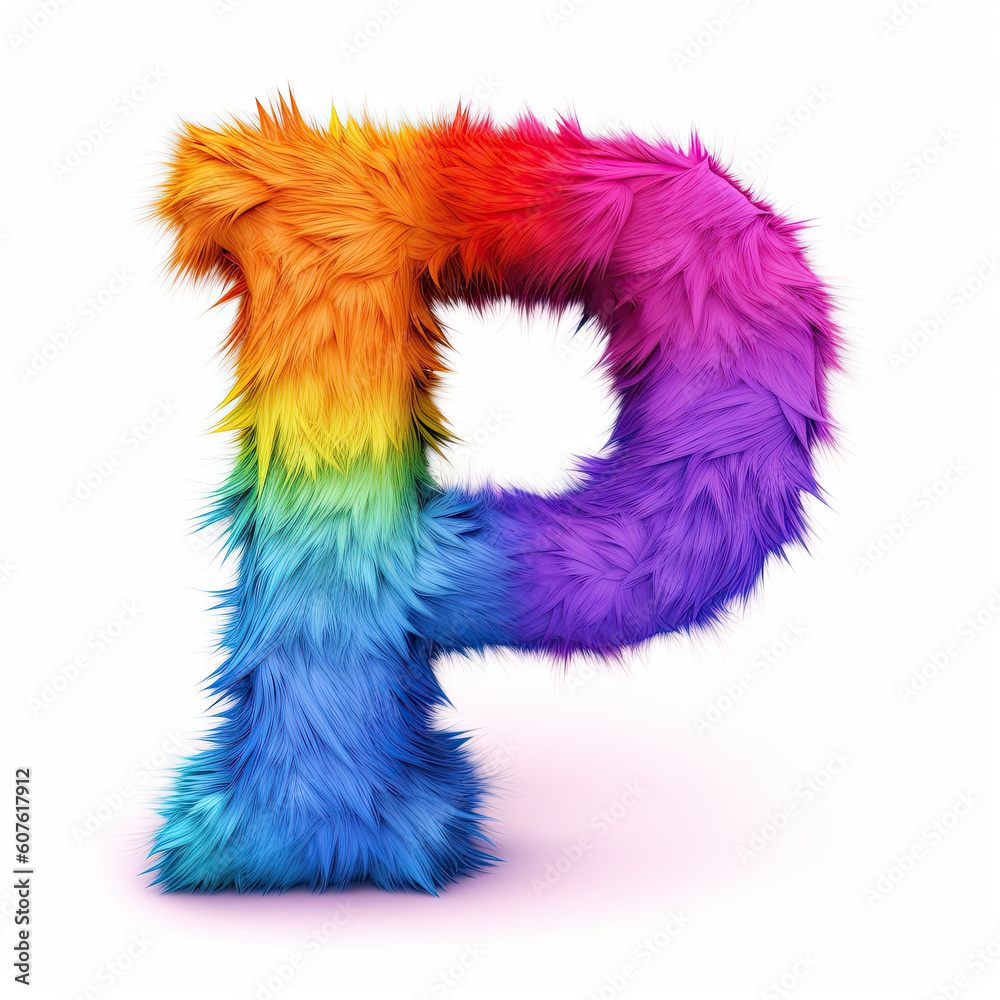 Furry letter in rainbow pride colors made of fur and feathers. Capital P