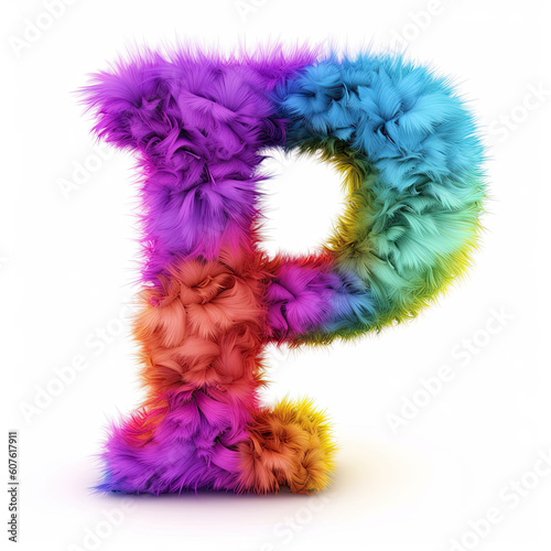 Furry letter in rainbow pride colors made of fur and feathers. Capital P