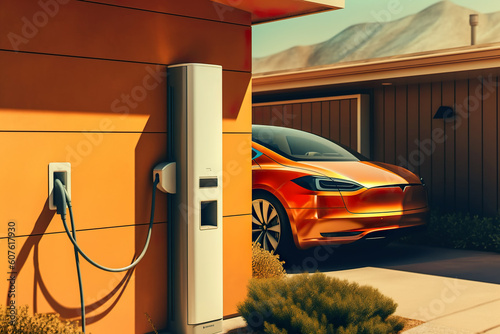 Electric car parking near home charging station, electric vehicle at house, generative AI