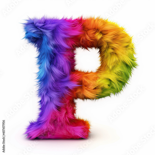 Furry letter in rainbow pride colors made of fur and feathers. Capital P