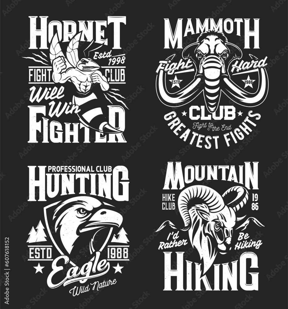 Sport club mascots and t-shirt prints with American eagle, hornet, mammoth and mountain sheep, vector badges. Hunting, hiking and fighting sport club emblems with animal mascots for t-shirt print Sport club mascots and t-shirt prints with American eagle, hornet, mammoth and mountain sheep, vector badges. Hunting, hiking and fighting sport club emblems with animal mascots for t-shirt print