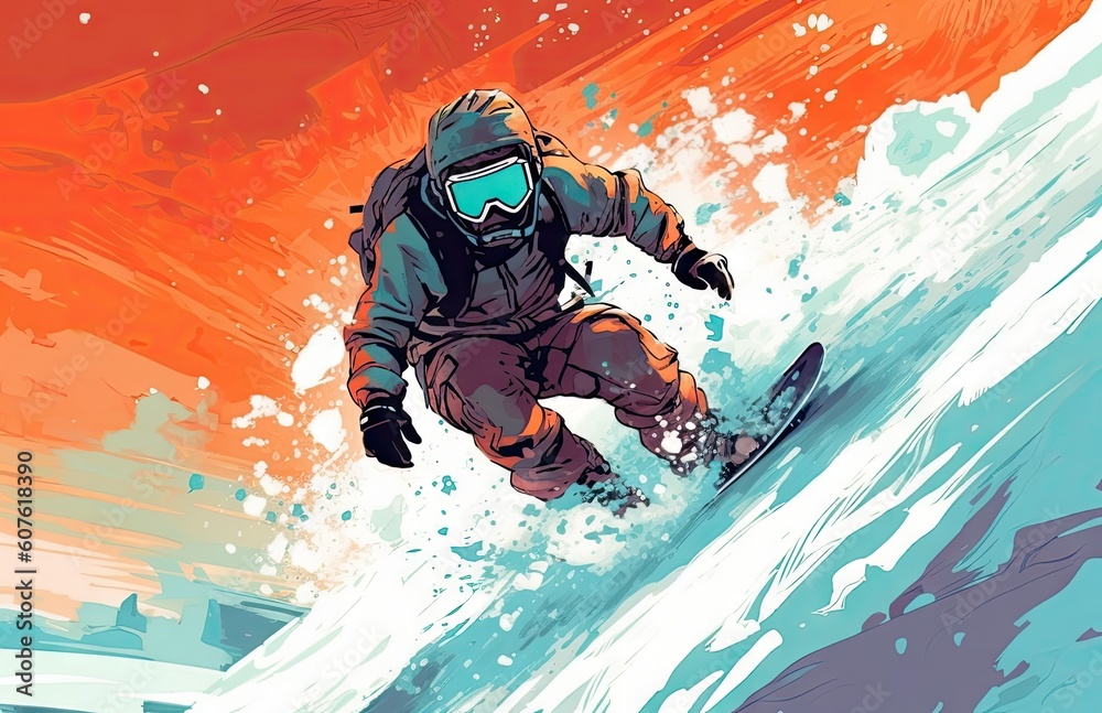 A snowboarder riding down a snowy slope in a winter orange background. generative ai
