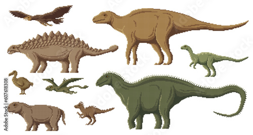 Fototapeta Naklejka Na Ścianę i Meble -  Pixel dinosaur characters. 8 bit pixel art game dino animals. Dimorphodon, Dodo, Pegomastax, Dicraeosaurus and Hypsilophodon, Lystrosaurus extinct prehistoric animals and birds, pixel vector dinosaurs