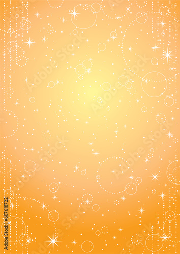 円やキラキラの飾りを散りばめたオレンジの背景
