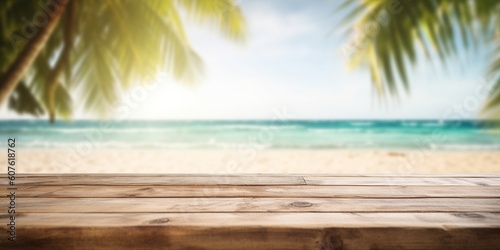 Empty wooden table with beach background for product placement, palm trees at the sides, tropical caribbean vacation paradise with a top wood plank foreground for items product display, generative AI