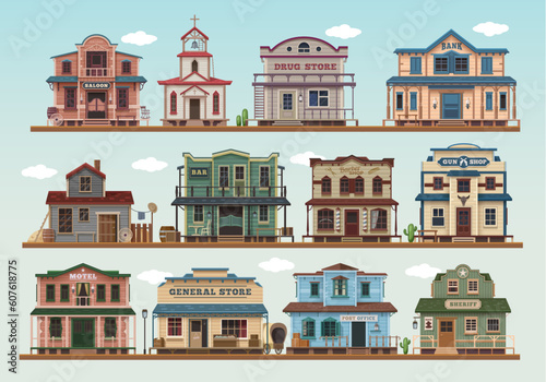 Western wild west town cartoon buildings. Vector saloon, church, drug store and bank, bar, barber shop and gun shop. Motel, general store, sheriff and post office traditional architecture exterior