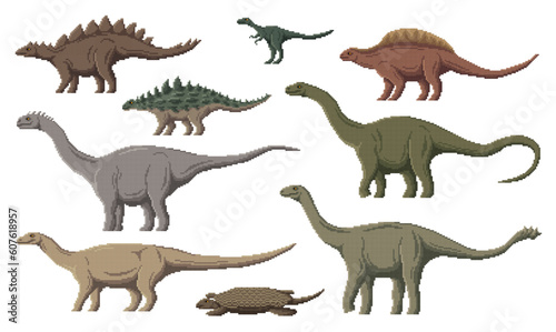 Pixel dinosaur characters. 8 bit pixel art game dino animals. Eoraptor  Henodus  Lotosaurus and Melanorosaurus  Shunosaurus  Haplocanthosaurus Jurassic vector pixel dinosaur  paleontology reptile set