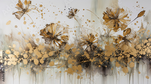 Abstract floral oil painting. Gold flower burst on white background. Generative AI