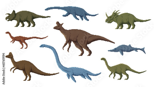 Pixel dinosaur characters. 8 bit retro game asset  pixel art dino animals. Mussaurus  Elaphrosaurus  Avaceratops and Corythosaurus  Lambeosaurus  Styracosaurus pixel vector reptile or dinosaurs