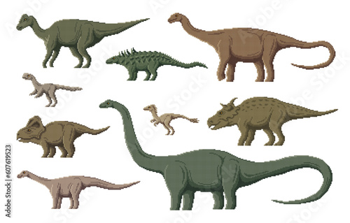 Fototapeta Naklejka Na Ścianę i Meble -  Pixel dinosaur characters. 8 bit pixel art game dino animals. Jaxartosaurus, Garudimimus, Elmisaurus and Magyarosaurus, Opisthocoelicaudia, Pachyrhinosaurus pixel extinct reptile, vector dinosaurs