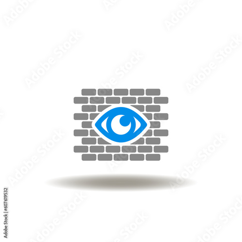 Vector illustration of brick wall with eye. Symbol of DPI Deep Packet Inspection Security Protocol. Icon of antivirus, firewall. Sign of web digital censorship.