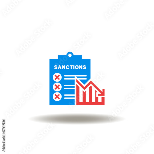 Vector illustration of checklist with cross marks and falling graph. Icon of sanction list. Symbol of country sanctions list, embargo on goods, services, products and others.
