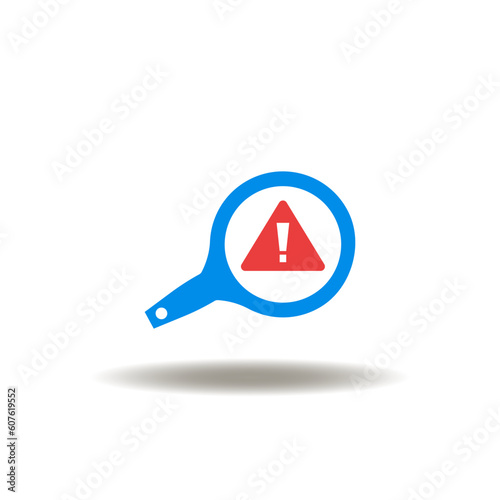 Vector illustration of magnifier with attention sign. Icon of threat found. Symbol of notification of detected error. Sign of search, monitoring error, attention.