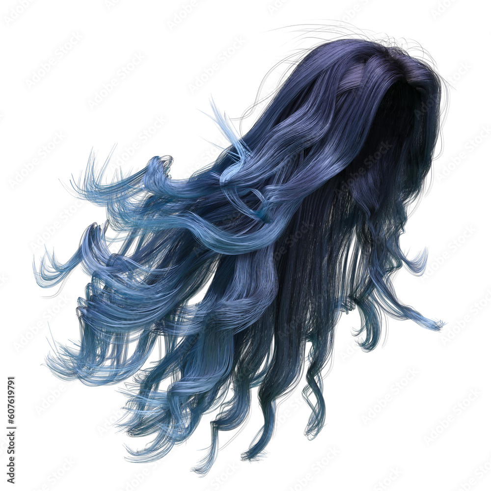 Blue windblown long wavy hair on isolated white background, 3D Illustration, 3D Rendering