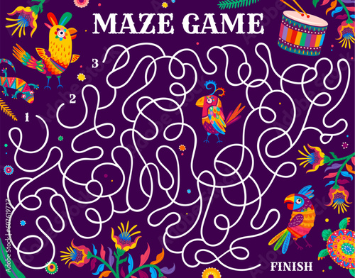 Labyrinth maze, cartoon Mexican and Brazilian parrots, vector game worksheet for kids. Tropical exotic birds, flowers and Mexican drums on labyrinth escape puzzle quiz with star and finish path
