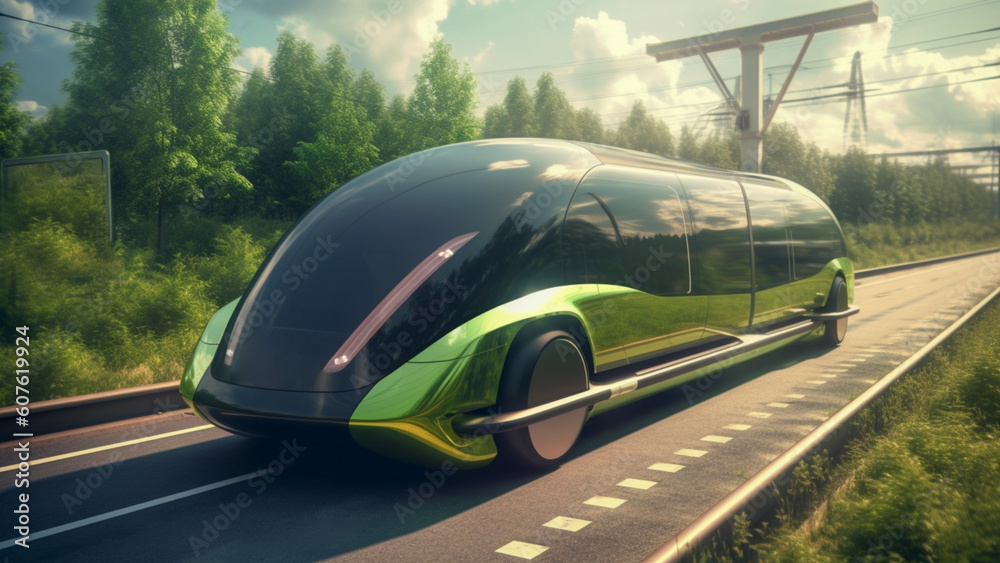 Naklejka premium Modern futuristic bus, clear ecology. Generative AI