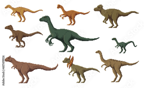 Fototapeta Naklejka Na Ścianę i Meble -  Pixel dinosaur characters. 8 bit pixel art game dino animals. Gallimimus, Therizinosaurus, Troodon and Oviraptor, Compsognathus, Pachycephalosaurus vector pixel dinosaur, extinct reptile animal