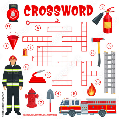 Firefighter and firefighting equipment crossword grid worksheet. Find a word quiz game. Cartoon vector grid with extinguisher, bucket, shovel, ladder and truck. Hydrant, hose, fireman, alarm and axe