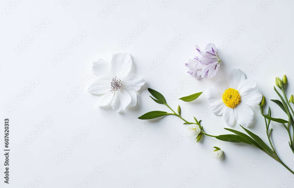 Spring flower on white background copy space flat lay mock up Spring flower on white background copy space flat lay mock up