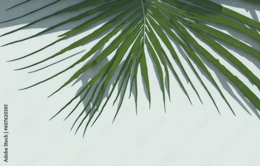 Fototapeta premium Tropical palm leaves on concrete textured background. Shadows of leaves in sunlight