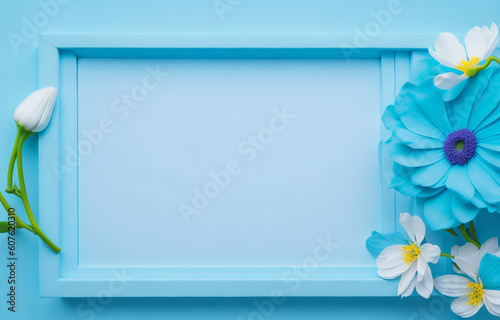 Spring flower frame on blue background flat lay mockup
