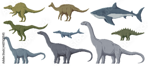 Pixel dinosaur characters. 8 bit pixel art game dino animals. Kotasaurus  Lexovisaurus  Aragosaurus and Neovenator  Amurosaurus  Aegyptosaurus Jurassic era land and underwater pixel vector dinosaurs
