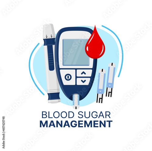 Blood sugar management icon of vector diabetes care. Glucose level test strips, glucometer and insulin injection pump pen with red blood drop. Glucose level measuring device for diabetes control