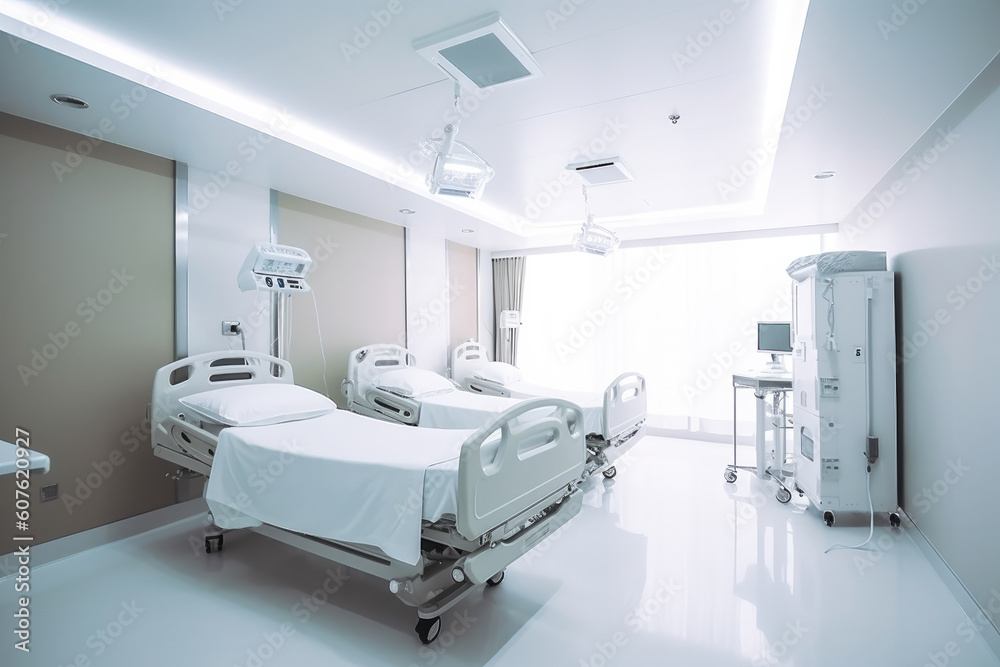 Empty hospital room with beds and other medical equipment. Generative AI Empty hospital room with beds and other medical equipment. Generative AI
