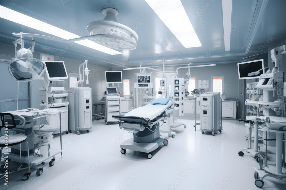 Empty hospital operating room. Operating Theatre. Generative AI