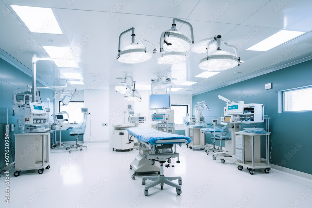 Empty hospital operating room. Operating Theatre. Generative AI