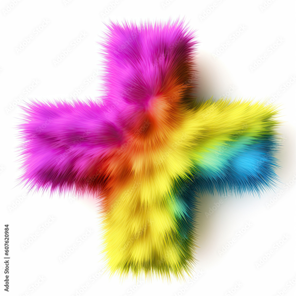 Furry letter in rainbow pride colors made of fur and feathers. Plus sign
Furry letter in rainbow pride colors made of fur and feathers. Plus sign