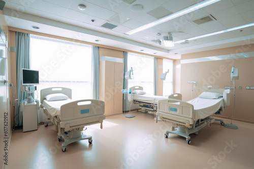 Empty hospital room with beds and other medical equipment. Generative AI