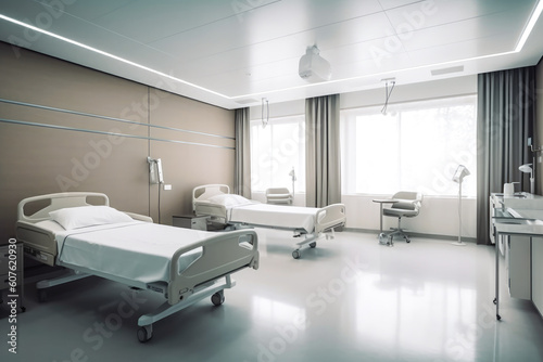 Empty hospital room with beds and other medical equipment. Generative AI © MVProductions