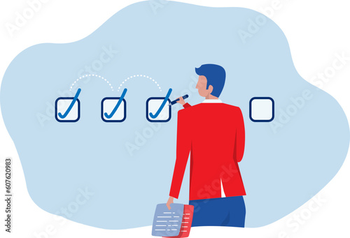 businessman pencil-categorized sticky notes work on completed checkbox to reach goal finished checklist,project progression progress to target concept vector