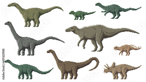 Pixel dinosaur characters. 8 bit pixel art game dino animals. Camptosaurus  Lufengosaurus  Psittacosaurus and Arrhinoceratops  Coloradisaurus  Bagaceratops extinct reptile  pixel vector dinosaur