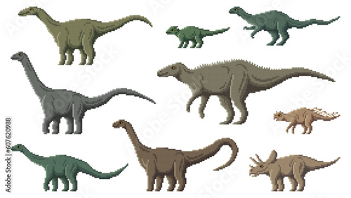Pixel dinosaur characters. 8 bit pixel art game dino animals. Camptosaurus, Lufengosaurus, Psittacosaurus and Arrhinoceratops, Coloradisaurus, Bagaceratops extinct reptile, pixel vector dinosaur