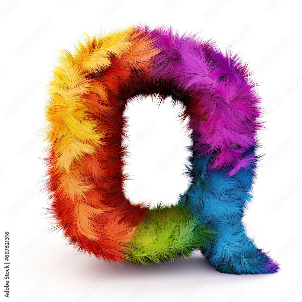 Furry letter in rainbow pride colors made of fur and feathers. Capital Q Furry letter in rainbow pride colors made of fur and feathers. Capital Q