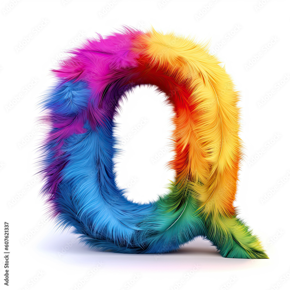 Furry letter in rainbow pride colors made of fur and feathers. Capital Q Furry letter in rainbow pride colors made of fur and feathers. Capital Q