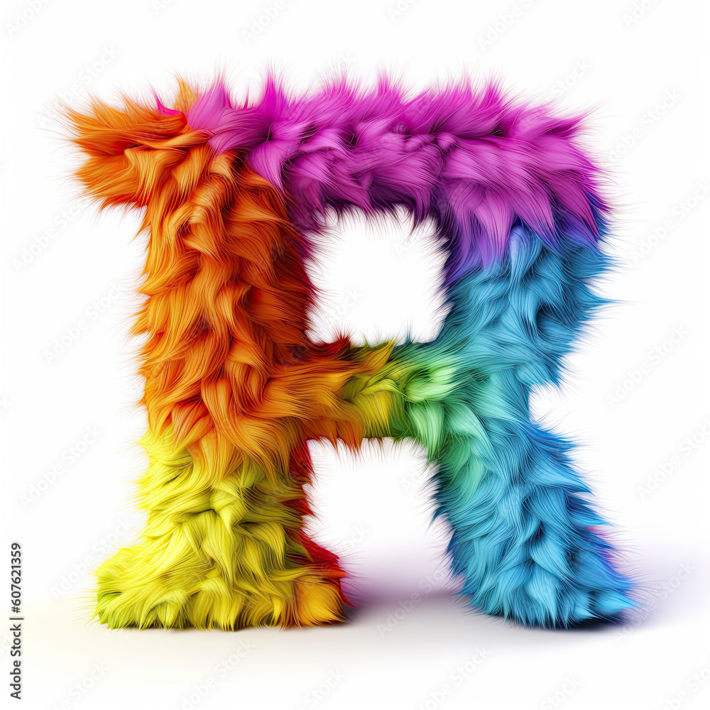 Furry letter in rainbow pride colors made of fur and feathers. Capital R Furry letter in rainbow pride colors made of fur and feathers. Capital R