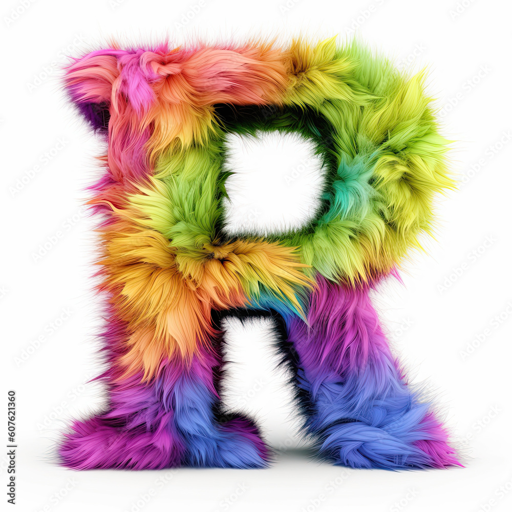 Furry letter in rainbow pride colors made of fur and feathers. Capital R Furry letter in rainbow pride colors made of fur and feathers. Capital R