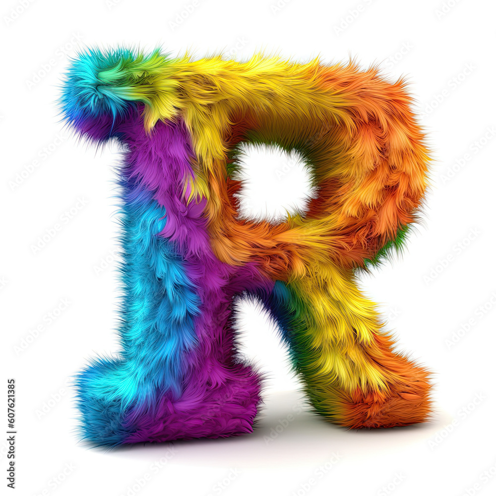 Furry letter in rainbow pride colors made of fur and feathers. Capital R Furry letter in rainbow pride colors made of fur and feathers. Capital R