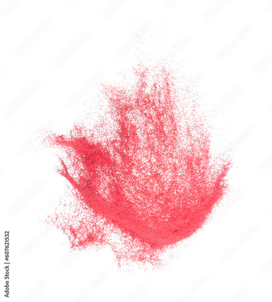 Small size red Sand flying explosion, blood sands grain wave explode. Abstract cloud fly. Red colored sand splash throwing in Air. White background Isolated high speed shutter, throwing freeze stop