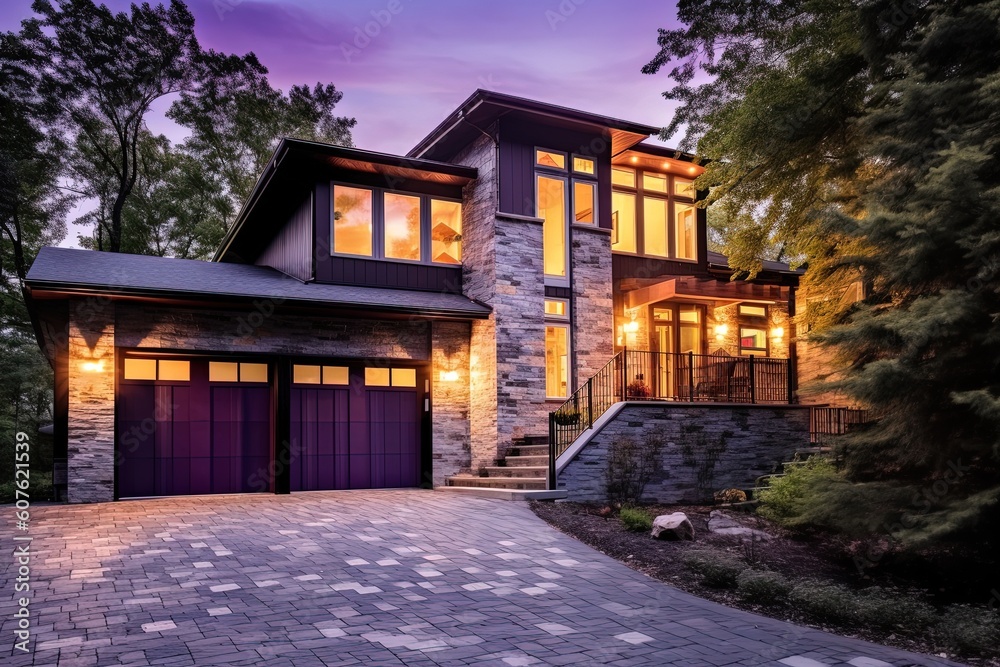Stunning Fresh Build Property with Sleek Design, Three-Car Garage, Purple Siding, and Natural Stone Features, generative AI